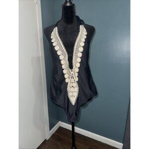 NWT Mossimo Swimsuit Black Crochet Lace One Piece Open Strap Back Coastal Boho